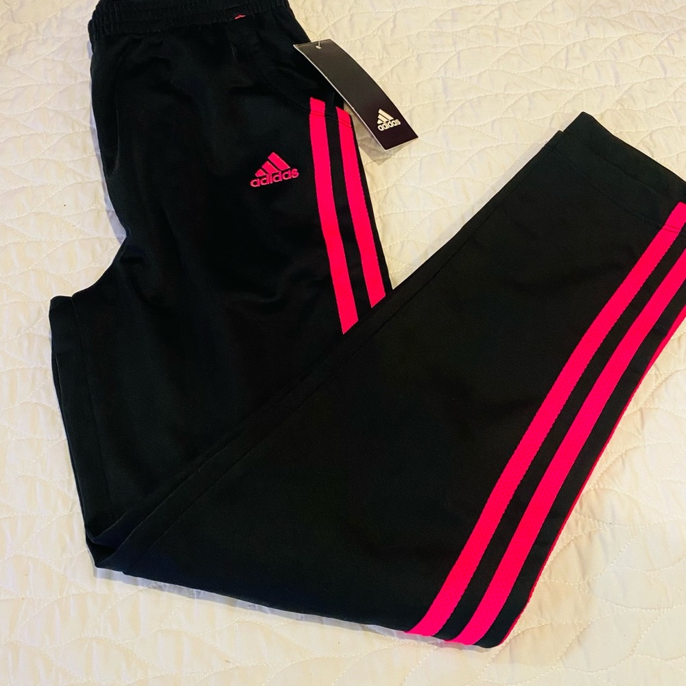 Adidas Kids Black Joggers with Pink Stripes